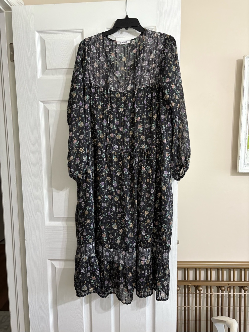 Self Contrast Floral Boho Midi Dress Small Black Long Sleeve